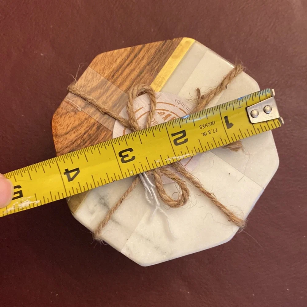 NWT - Gorgeous Octagon Coasters - marble & wood w/ metal accent